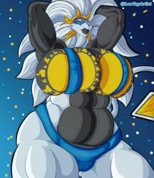 arms_behind_head big_areola big_breasts huge_areolae huge_breasts huge_thighs lowtag massive_areolae muscular_anthro muscular_female pokemon pokemon_(species) solgaleo thick_thighs venus_body