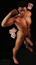 1boy 3d_(artwork) african_american afromuso afterburn_(fortnite) big_dick big_penis black_male blender_(software) blender_eevee_next dark-skinned_male dark_skin flexing fortnite fortnite:_battle_royale looking_at_viewer male male_only muscular muscular_male nude nude_male pubic_hair self_upload smile sweat sweating watermark