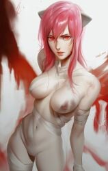 1girl 1girls absurd_res bandages blood blood_on_wall breasts cowboy_shot elfen_lied hair_between_eyes highres horns lucy_(elfen_lied) navel parted_lips pink_hair ragecndy simple_background solo solo_female white_background