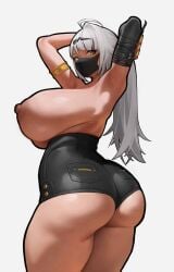 1girls areolae armpits arms_up ass big_ass big_breasts breasts bubble_butt busty clothing facemask fat_ass female female_only gluteal_fold hands_behind_head huge_ass huge_breasts large_ass large_breasts looking_at_viewer looking_back massive_breasts nipples sideboob solo spiralnoww thick_ass thick_thighs topless topless_female white_hair wide_hips yixuan_(zenless_zone_zero) zenless_zone_zero