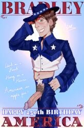 1boy 4th_of_july american american_male assless_chaps belt_buckle big_penis blue_clothing blue_pants bradley_(mr_shrink) brown_hair chaps confident confident_male cowboy cowboy_hat cowboy_outfit cowboy_western darker_penis dumb dumb_male english english_text erection green_eyes hand_on_hip hung hung_male intellectual_disability magazine magazine_cover magazine_front_page male male_only mental_disability mentally_challenged mentally_deficient mr_shrink oc original original_character penis penis_out pinup_(style) pubic_hair purple_penis_tip shadow simple_background skinny skinny_male smiling smiling_at_viewer star star_(shape) star_(symbol) stupid stupid_male sunlight western western_style winking