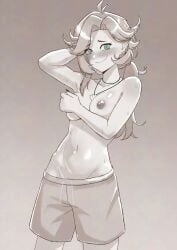 1girls ahoge blush cipher4109 dokibird green_eyes hand_on_breast head_wings indie_virtual_youtuber looking_at_viewer nervous_smile ponytail shorts small_breasts topless topless_female vtuber