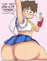 1girls big_ass brown_hair capcom fat_ass female female_only headband looking_back raised_arm sakura_kasugano school_uniform short_hair sitting smartphone smile street_fighter sweaty sweaty_ass