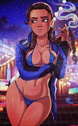 1girls abs aged_up alejandra_(overwatch) big_breasts bikini blizzard_entertainment breasts brown_hair cigarette cleavage dark-skinned_female dark_skin dorado_(map) female female_only hourglass_figure jacket latina mexican_female navel no_pants overwatch overwatch_2 shadman smoke smoking soldier_76_(cosplay) solo solo_female text url watermark