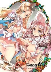 2girls alice_in_wonderland alice_liddell animal_ears apron ass bent_over blonde_hair blue_eyes breasts breasts_out censored cup drinking_glass dutch_angle endou_okito food green_eyes hairband highres ice_cream maid maid_headdress march_hare multiple_girls nipples panties pink_hair pocket_watch puffy_sleeves sideboob smile table tied_hair twintails underwear watch