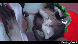 3d_(artwork) animated black_hair brown_body brown_fur cum cum_in_mouth deep_throat duo ear_piercing fruit_cock furry gay gif green_hair humanoid_penis male/male pink_penis raccoon rufus_(fortnite) white_body white_fur