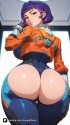 1girl ai_generated artist_name ass ass_focus bangs blizzard_entertainment blunt_bangs bodysuit breasts cropped_jacket from_behind gloves huge_ass jacket juno_(overwatch) large_breasts lips looking_at_viewer looking_back multicolored_hair orange_jacket overwatch overwatch_2 parted_lips patreon purple_hair questionable red_eyes senpai_pixels shiny shiny_skin short_hair solo thigh_gap thighs wide_hips
