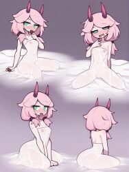 ai_generated demon demon_girl demon_horns green_eyes halloween original_character pink_hair pose pose_sexy small_ass small_breasts smaller_female waifu waifu_night
