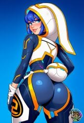 ai ai_art ai_assisted ai_generated ass ass_focus blue_eyes blue_hair bodysuit bunny_ears bunnysuit cameltoe focus_on_ass fortnite fortnite:_battle_royale huge_ass mixxiru surprised surprised_expression tight_clothing