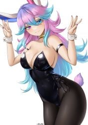 1girl animal_ears big_breasts black_leotard black_pantyhose blue_eyes blue_hair breasts bunnysuit cleavage cottontail_(vtuber) gold_choker gradient_hair hair_between_eyes heterochromia highres indie_virtual_youtuber large_breasts leotard long_hair looking_at_viewer multicolored_hair pantyhose pink_hair pink_nails playboy_bunny purple_eyes purple_hair rabbit_ears rabbit_girl rabbit_tail smile solo tail thighs tits velvet_noir virtual_youtuber vtuber white_background white_wrist_cuffs wrist_cuffs