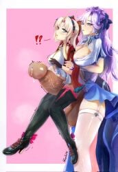 2futas balls big_breasts breasts carlotta_(wuthering_waves) clothed clothing futa_on_futa futa_only futanari guerlla346 huge_balls huge_cock hyper hyper_balls hyper_penis penis penis_size_difference precum precum_drip size_difference testicles thighhighs wuthering_waves