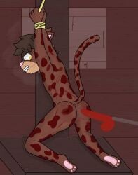 alone beans bitch black_hair brown_fur excited execution furry furry_male furry_only gay gay_male kidnapped kneeling kneeling_on_ground kneeling_on_table naked naked_male pain punishment renato_atiq_carter_furry slave solo solo_male spots spotted_fur whipped yellow_eyes