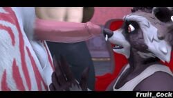 3d_animation animated balls brown_body brown_fur closed_eyes ear_piercing erection fellatio fruit_cock furry gay gif hand_on_penis humanoid_penis male/male nose_piercing orange_eyes pink_penis raccoon rufus_(fortnite) tank_top white_body white_fur