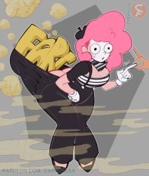alternate_version_available ass big_breasts breasts bubble_ass bubble_butt carafalsa clown clown_girl clown_makeup fart fart_cloud fart_fetish farting female female_only gassy grey_background mime mime_girl onomatopoeia pink_hair prank pranked pull_my_finger suspenders text thick_thighs white_panties