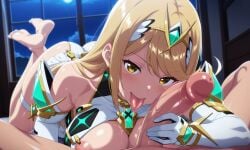 :p ai_generated areolae ass bedroom blonde_hair blush butt clothing core_crystal curvy exposed_breasts female female_focus fringe grabbing grabbing_penis hand_on_penis hi_res hikari_(xenoblade_2) indoors isak_ia licking_penis looking_at_viewer lying male masturbation monolith_soft mythra mythra_(xenoblade) night nintendo penis pose saliva smile stimulation sweatdrop tiara tongue tongue_out uncensored xenoblade_(series) xenoblade_chronicles_2 yellow_eyes