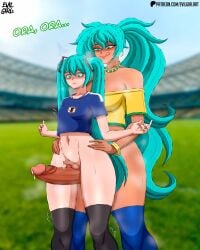 2futas balls big_breasts big_penis blue_hair brazilian_miku breasts cum erect_penis erection evilgirl frottage futa_on_futa futa_only futanari hatsune_miku huge_cock light-skinned_futa light_skin long_hair penis penis_size_difference precum size_difference small_balls small_penis testicles vocaloid world_cup