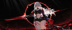 1girl acheron_(honkai:_star_rail) ai_assisted ai_generated bangs bare_shoulders belt black_shorts breasts crop_top curvaceous curvy curvy_female curvy_figure female from_below holding holding_sword holding_weapon honkai:_star_rail honkai_(series) large_breasts long_hair looking_at_viewer midriff miyuai navel night red_eyes short_shorts shorts sky sleeveless solo standing stomach sword tattoo thick thick_ass thick_butt thick_hips thick_legs thick_thighs thighs very_long_hair voluptuous voluptuous_female weapon white_hair wide_hips wide_thighs