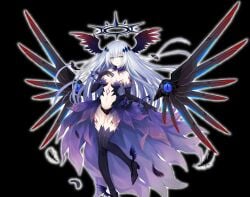 anime_girl anime_nose arm_length_gloves armpits ass_length_hair bird_wings black_outfit blue_eyes bride_veil collarbone crown dark_blue_eyes dark_outfit dark_purple_clothing date_a_live empty_eyes fanservice hourglass_figured_female looking_at_viewer navel nearly_naked nearly_nude night night_sky raven scantily_clad scantly_dressed shoulders tobiichi_origami video_game_character white_hair wide_hips