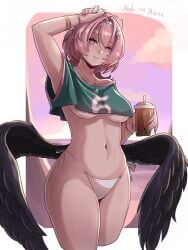 1girl 1girls absurd_res breasts cosplay crop_top grand_theft_auto grand_theft_auto_vi gta_vi_cover_girl highres mielthemouse navel pink_hair pointy_ears purple_eyes remielle_(zenless_zone_zero) remielle_dan shirt solo sunglasses swimsuit white_bikini wings
