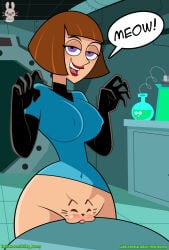 1girls artist_name blue_bodysuit bodysuit bottomless brown_hair danny_phantom do_you_want_to_pet_my_cat_(meme) english english_text female female_only hair half-closed_eyes madeline_fenton mature mature_female mature_woman meme meme_reference milf milky_bunny mother nipple_bulge purple_eyes pussy pussy_focus short_hair smile solo solo_female speech_bubble table text topwear vagina