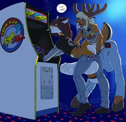 2boys anthro anthro_on_anthro arcade arcade_machine ass balls bent_over big_balls bracelet bulge canine cervine cigarette clothed clothing cox deer distracted erection fingering fox gay gideon hand_in_pants huge_balls hung_bottom hyper hyper_balls hyper_penis jewelry male male_only mammal pac-man_(series) penis public ruger video_games yaoi