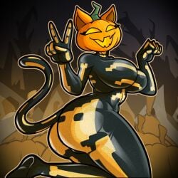 1:1 anthro big_ass big_breasts captain_dagon clothed color dagon789 dark_clothing epic_games fanart female_only fortnite halloween_costume halloween_theme happy_female hi_res kneeling long_tail looking_at_viewer peace_sign pumpkin_head solo_female spice_(fortnite) thick_thighs tight_clothing voluptuous_female wide_hips yellow_sclera