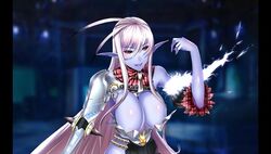 black_sclera blue_skin breasts cleavage female long_hair looking_at_viewer monster_girl pointy_ears red_eyes tokyo_devil_prison tokyo天魔デビルプリズン white_hair