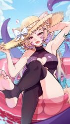 1girl :d armpits barefoot black_legwear blonde_hair breasts cleavage cleavage_cutout day fang fangs feet hat hat_bow heart hexasgone horns indie_virtual_youtuber innertube large_breasts long_hair looking_at_viewer mole open_mouth outdoors pink_eyes sitting sky smile soles solo squchan_(vtuber) sun_hat swimsuit tail thighhighs toes vyugen water