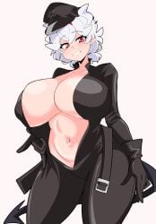 1girls beelzebub_(helltaker) big_breasts black_bodysuit breasts cleavage demon demon_girl demon_horns demon_tail ear_piercing earrings female female_only hair hat headwear helltaker hips huge_breasts leather_bodysuit leather_clothing red_eyes smile solo solo_female tail two_handy unzipped_bodysuit white_background white_hair