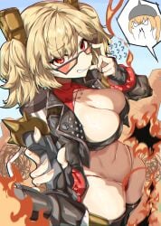 2girls absurdres black_jacket black_thighhighs black_tube_top blonde_hair breasts burnice_white cleavage commentary fire flamethrower highres holding holding_flamethrower holding_weapon jacket large_breasts looking_at_viewer luciana_de_montefio multiple_girls navel panties red_panties short_hair stomach strapless sunglasses thighhighs thighs tube_top twintails underwear weapon younki zenless_zone_zero