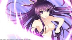 angry_expression anime_girl anime_nose armpits ass_length_hair attacking butterfly_hair_ornament date_a_live floating_hair flying_hair frowning hair_ribbon hairless_armpits medium_breasts naked_female nipples nude_edit nude_female nude_filter purple_eyes purple_hair swiping sword thin_arms tsunako video_game_character yatogami_tohka