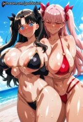 2girls ai_generated bokeh_background breast_grab breast_squeeze breasts_exposed closed_eyes curvy embarrassed explicit fate/apocrypha fate/extra fate/grand_order fate/stay_night fate/zero fate_(series) flying_sweatdrops gaddariat groping_breasts_from_behind heavy_blush huge_breasts nsfw o-ring_bikini patreon pressing_against rin_tohsaka slim_waist smirking standing_behind strap_break teasing tohsaka_rin wardrobe_malfunction yuri