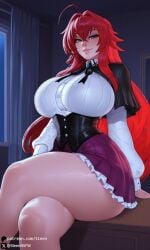 1girls ai_generated bedroom big_breasts breasts busty clothed clothed_female clothing crossed_legs curvy eye_contact female female_only high_school_dxd hourglass_figure huge_breasts looking_at_viewer mature_female red_hair rias_gremory self_upload sleen smile smiling smiling_at_viewer solo solo_female thick_thighs voluptuous voluptuous_female wide_hips