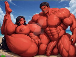 1boy1girl ai ai-created ai_art ai_generated beach betty_ross father_and_daughter feet legs_up marvel marvel_comics muscular muscular_female muscular_male penis red_body red_hulk red_she-hulk red_skin sex summer tits yellow_eyes