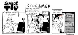 2boys anthro blush blushing canid canine caught comic computer couple dialogue english_text fingering_self furry gaming_setup gay horny inviting_to_sex livestream male male/male male_only muscular muscular_male nude penis spedumon streamer text