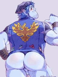 1boy 2020 ass back_view balls bara barley_lightfoot beanie beaugilliam big_ass blue_hair blush brown_eyes disney elf flaccid gay jacket male male_only muscular onward_(2020) penis pixar solo yaoi