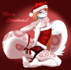 2016 accelo accelo_(character) anthro ass balls christmas clothed clothing collar crossdressing eyewear feline garter_belt garter_straps glasses hair hat heterochromia holidays leopard long_tail male male_only mammal merry_christmas mistletoe orange_hair panties plant santa_hat snow_leopard solo underwear