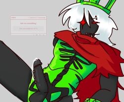 17ratlover17 1x1x1x1_(forsaken) anthro big_penis black_limbs black_penis eyebrow_piercing forsaken forsaken_(roblox) genital_piercing green_body green_crown male_only precum red_cape red_eyes request skeleton skeleton_torso white_hair zipper_mouth