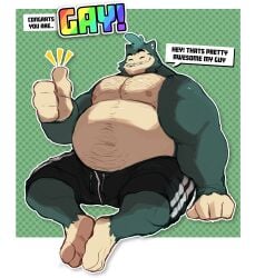 anthro bara barazoku body_hair bulge flaccid flufflecraft furry male male_only muscles muscular nintendo overweight pokemon shirtless shorts snorlax solo solo_male thumbs_up wholesome