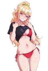 1girl 1girls absurd_res aki_rosenthal bikini black_shirt blonde_hair blush breasts cleavage clothes_lift cowboy_shot earrings halterneck hands_up highres hololive jewelry looking_at_viewer p-nekoe pink_nails shiny_skin shirt_lift smile solo stomach swimsuit t-shirt virtual_youtuber wavy_hair white_background