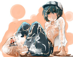 barefoot blush bukkake censored cum cum_on_lower_body cum_on_upper_body dress_shirt ejaculation feet footjob goggles green_eyes green_hair hat highres kino kino_no_tabi nipples open_clothes open_mouth open_shirt pants ribs short_hair sitting small_breasts steam sweat takasaki_aneki tomboy