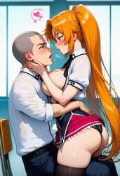 after_kiss ai_generated big_breasts breasts_out cupping_cheek high_school_dxd intimate love matsuda_(high_school_dxd) orange_hair saliva_trail shidou_irina side_view skirt_up steamy_breath twintails