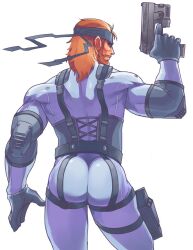 1boy 2019 ass beaugilliam big_ass brown_hair clothed gay gun male male_only metal_gear_solid simple_background solid_snake solo video_games weapon white_background yaoi