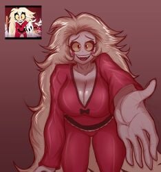 1girls 2024 2d bedhead bending_forward bent_over big_breasts blonde_female blonde_hair breasts charlie_morningstar_(hazbin_hotel) cleavage clothed clothed_female clothing demon demon_girl front_view hazbin_hotel hi_res looking_at_viewer nightwear pajamas reaching_out reaching_towards_viewer redraw solo very_long_hair very_long_hair_female villainsaibot white_skin white_skinned_female