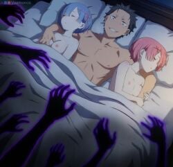 1boy 2girls ai_generated artist:vaamonos bangs bed bed_sheet black_hair blanket blue_hair blush breast_grab breasts closed_eyes collarbone grabbing grin hair_ornament hair_over_one_eye hetero indoors lying medium_breasts multiple_boys multiple_girls natsuki_subaru nipples nude on_back on_bed on_side orange_eyes parted_lips pillow pink_hair pink_ribbon pov ram_(re:zero) re:zero_kara_hajimeru_isekai_seikatsu rem_(re:zero) ribbon short_hair siblings sisters sleeping small_breasts smile teeth twins under_covers x_hair_ornament