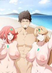1boy 2girls artist_request beach beard big_breasts blonde-haired_female blonde_female blonde_hair breasts brown_hair brunette brunette_hair canon_couple casual casual_nudity cloverdraw04 core_crystal exposed goatee happy husband_and_wife large_breasts light-skinned_female light_skin long_hair looking_at_viewer married muscular muscular_male mythra nipples nude nude_female nude_male ocean ocean_background one_eye_closed peace_sign polyamory public public_exposure public_nudity pyra red-haired_female red_eyes red_hair rex_(xenoblade) rex_(xenoblade)_(future_redeemed) scar scar_across_eye scar_on_face smile smiling taller_male tiara wholesome wholesome_nudity xenoblade_(series) xenoblade_chronicles_2 xenoblade_chronicles_3 xenoblade_chronicles_3:_future_redeemed