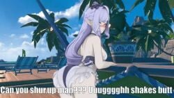 1female 1girl 1girls animated animated_gif bangs beach beach_background beach_outfit big_ass big_butt blush blushing boobs bow breasts caption elf elf_ears elf_female elf_girl embarrassed embarrassed_female funny gif goth goth_girl hair_bow hair_ornament hands_on_railing hoyoverse long_hair looking_at_viewer looking_away looking_away_from_viewer looking_back loonoosh meme meme_reference mihoyo pale_skin palm_tree pointy_ears purple_hair purple_swimsuit red_eyes shaking_ass shaking_butt shy swimsuit swimwear trees twerk twerking vampire vampire_girl very_long_hair video_games vivian_(zenless_zone_zero) vivian_banshee vivian_banshee_(iris_of_the_shore) zenless_zone_zero