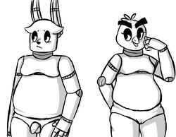 2015 animatronic anthro avian balls barely_visible_genitalia bird black_and_white bonnie_(fnaf) breasts chica_(fnaf) chicken duo featureless_breasts female five_nights_at_freddy's flaccid inkyfrog lagomorph looking_at_viewer machine male mammal monochrome nude penis pussy rabbit robot simple_background subtle_pussy video_games white_background