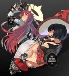 2girls anal anal_penetration anal_sex ass ass_grab beauty_mark bell_bottoms_(pants) belt black_hair blue_eyes blushing bodysuit breasts chained_up chained_wrists chains choker cleavage clenched_teeth collarbone collared_shirt dubious_consent fingerless_gloves futa_on_female futanari gloves guilty_gear guilty_gear_strive halo heels i-no jack-o'_valentine jacket lipstick long_hair long_sleeves looking_back open_mouth red_hair sex short_hair short_sleeves speech_bubble strikingtulip tearing_clothes tongue torn_bodysuit torn_clothes two-tone_hair white_hair witch_hat