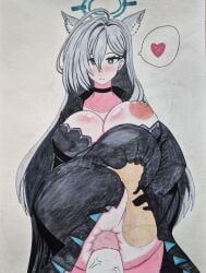 belly belly_bulge belly_expansion belly_grab belly_inflation big_belly big_breasts blue_archive dress shiroko_(terror)_(blue_archive) thegreatday_(artist)